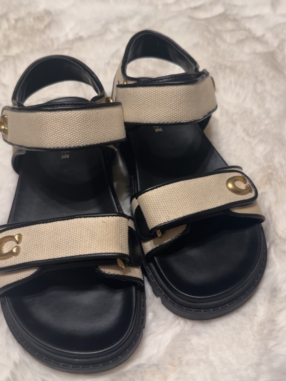 Coach Beige Canvas and Black Leather Strap Sandals with Gold Hardware - Picture 10 of 10